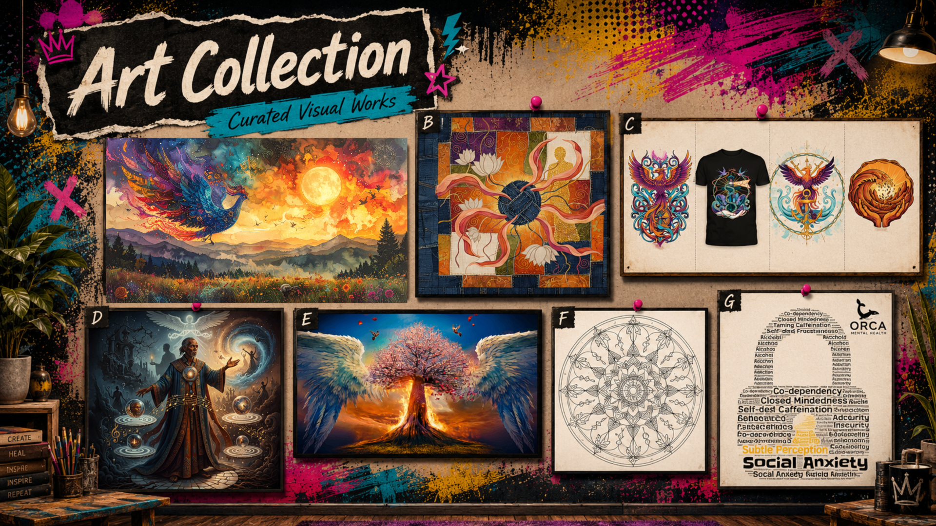 Curated visual works pinboard